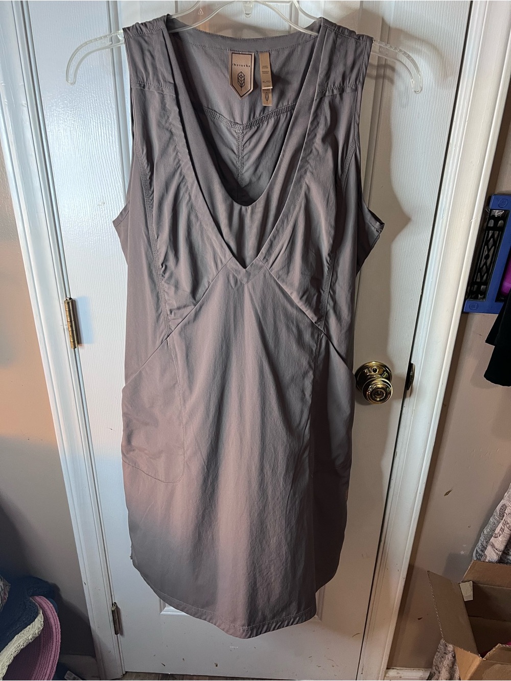 Indygena Sleeveless V-Neck Taupe Shift Dress
